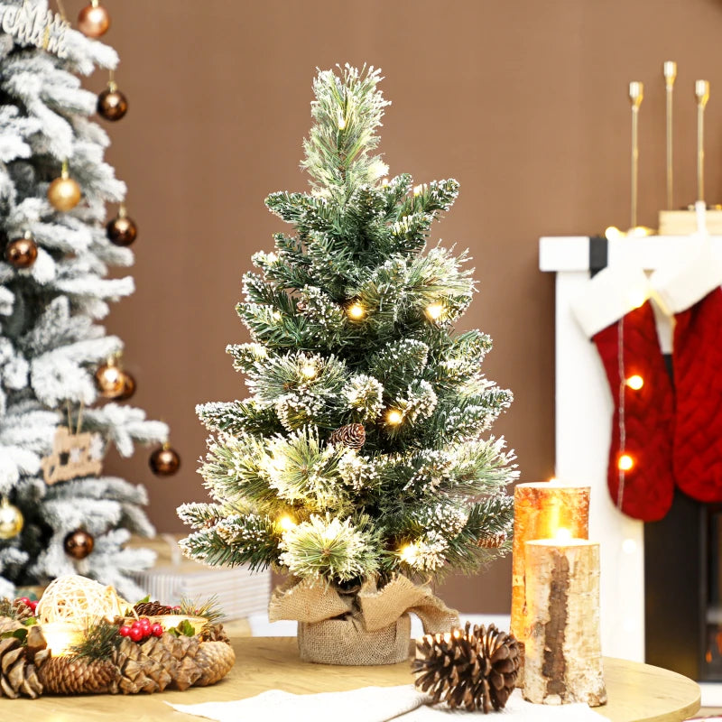 60 cm Prelit Snow Flocked Mini Christmas Tree with 35 LED Lights, Pine Cones, Linen Base - Battery Operated Green Tabletop Decor