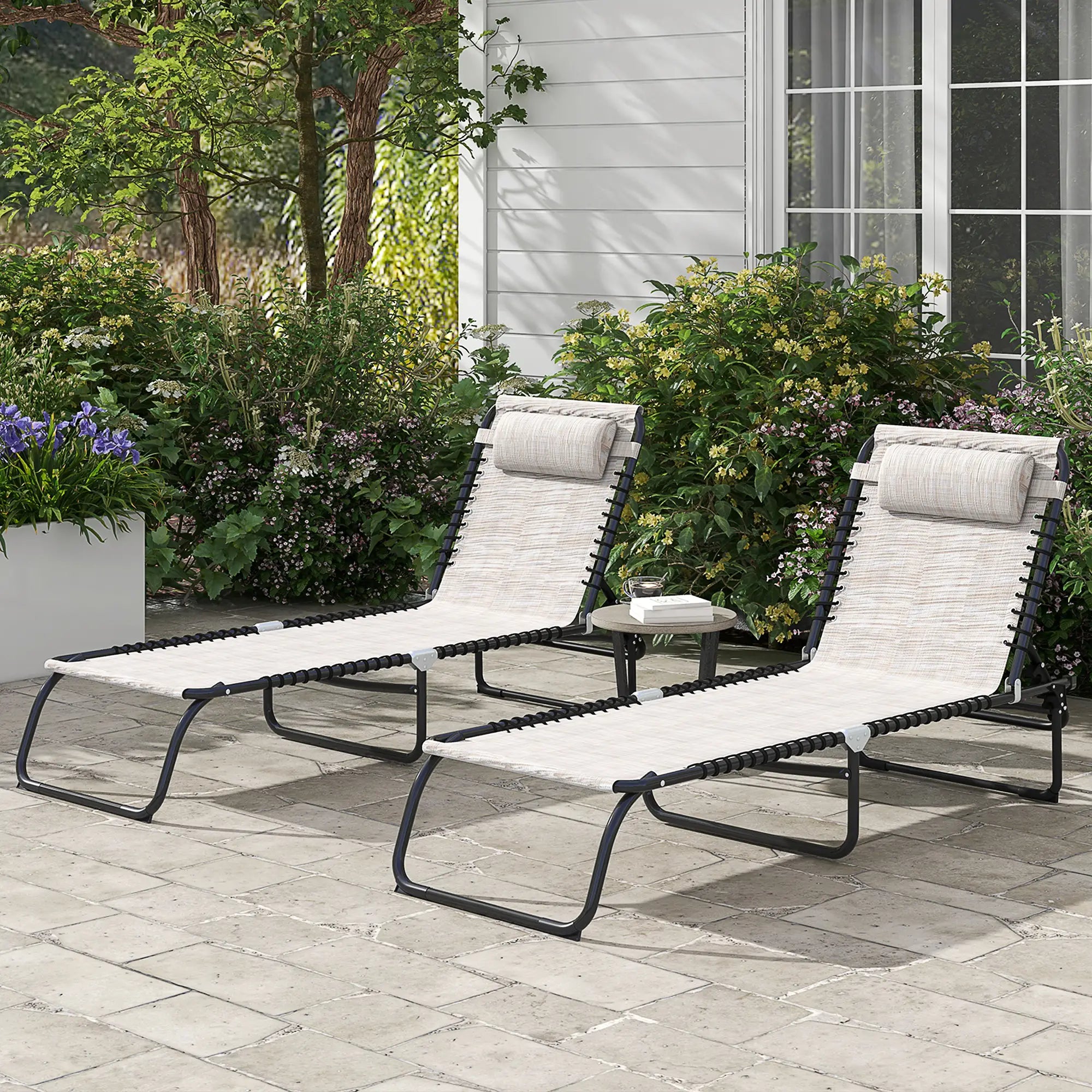 Set of Two Folding Sun Loungers With Four-Position Backs - Cream