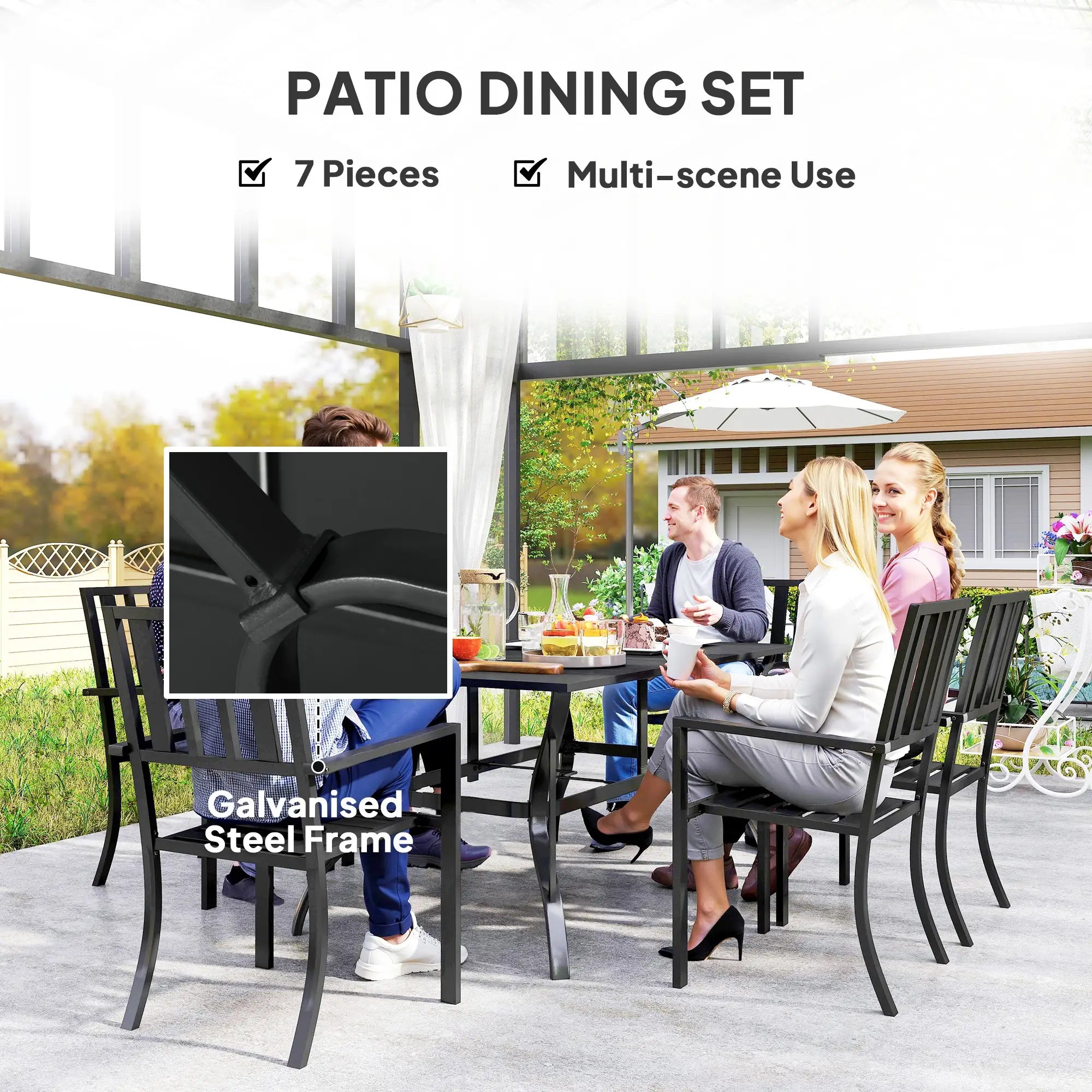 Black Metal 7 Piece Garden Dining Set With Umbrella Hole & Table Plus Stackable Chairs