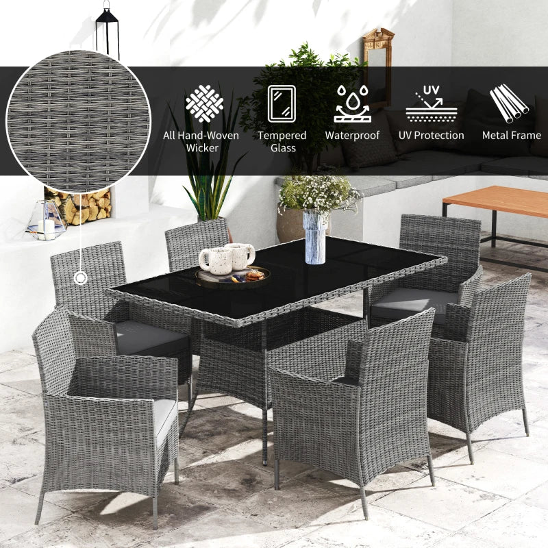 7-Piece Grey Rattan Garden Furniture Set - 6 Seater Dining Set with Cushions and Rectangular Glass Top Table