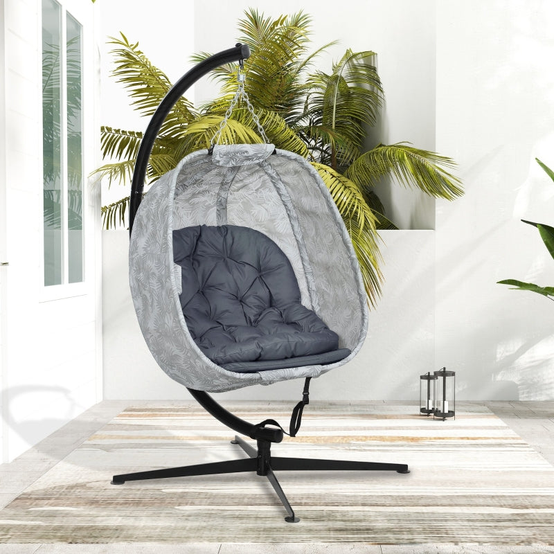 Hanging Egg Chair - Grey Outdoor Indoor Garden Swing Chair with Folding Basket, Stand, Thickened Cushion & Cup Holder