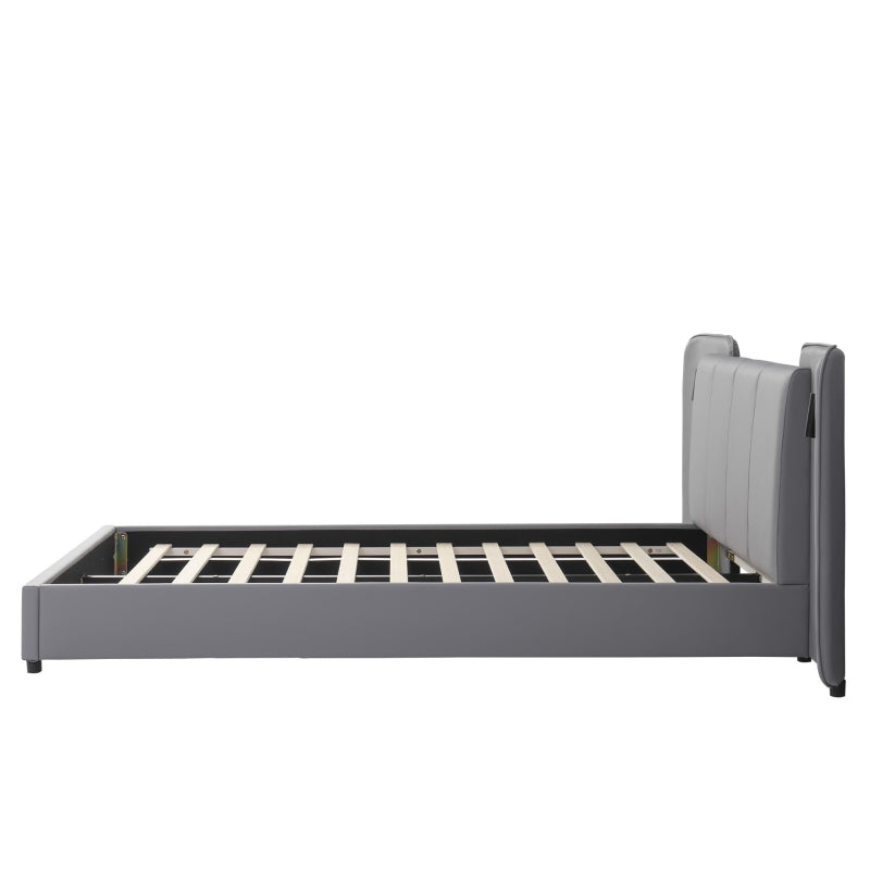 Upholstered Full-Size Double Bed with Charging Port & LED Lighting - Grey, Impact-Resistant Sponge Padding, 209L x 221W x 86.5H cm