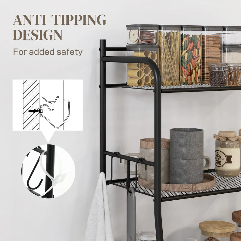 Five-Tier Black Steel Frame Kitchen Shelving Unit - Durable Storage Rack for Organizing Kitchen, Pantry, or Garage