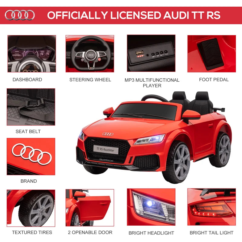 Kids Licensed Audi TT 12V Ride-On Car with Remote, Suspension, Headlights & MP3 Player - Red, 3km/h Speed