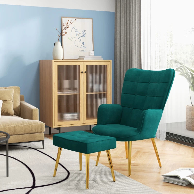 Stylish Velvet Wingback Armchair with Footstool for Living Room, Bedroom or Home Office in Dark Green