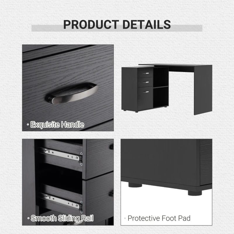 L Shaped Computer Desk with Drawers & File Cabinet - Reversible Home Office Study Table, 117x83.5cm, Black