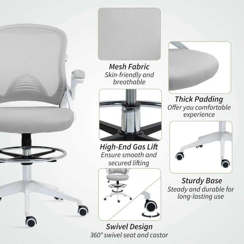 Vinsetto Height Adjustable Drafting Chair with Flip-up Armrest, Mesh Office Stool, 360° Swivel for Standing Desk - Light Grey