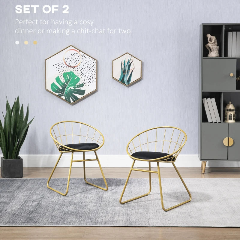 Modern Dining Chairs Set of 2 - Velvet Cushion, Round Back, Metal Wire Frame, Stylish Gold Accent for Kitchen & Living Room