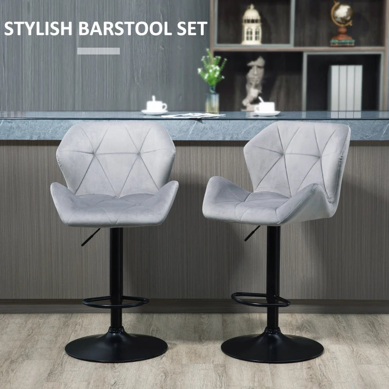 Luxurious Velvet Bar Stools Set of 2 - Adjustable Height Swivel with Metal Frame, Round Base, Grey