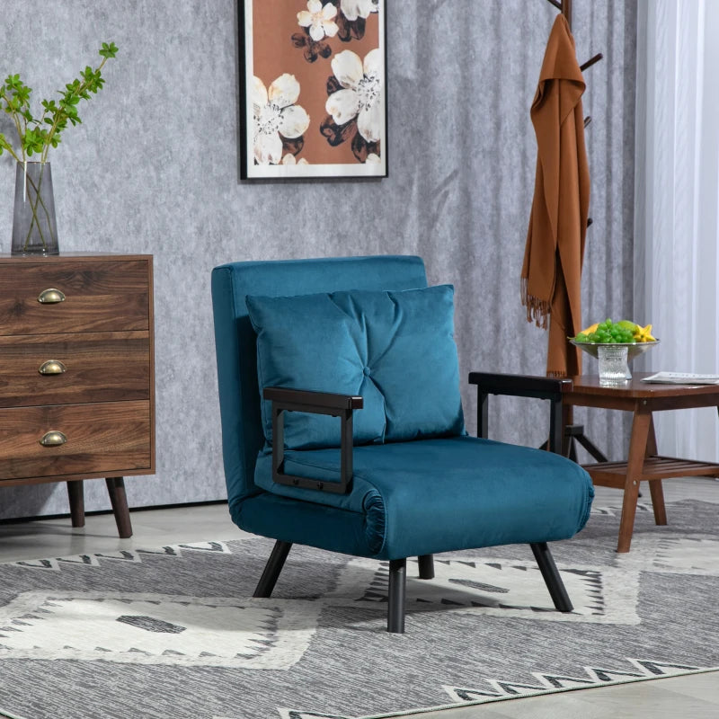 Velvet-Feel Single Chair Bed with Pillow in Navy Blue - Versatile 4-in-1 Design for Comfort and Style