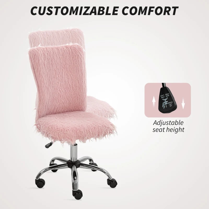 Modern Pink Plush Office Desk Chair - Armless Swivel Vanity Chair with Adjustable Height for Home, Bedroom & Living Room