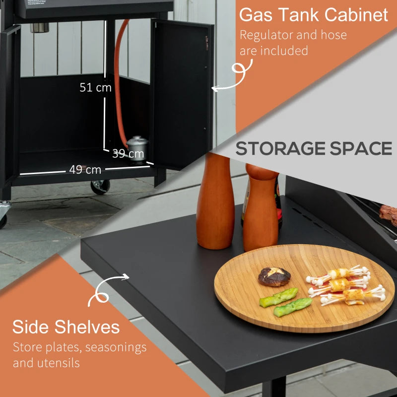 Black 3-Burner Gas BBQ Grill with Side Shelves & Storage Cabinet