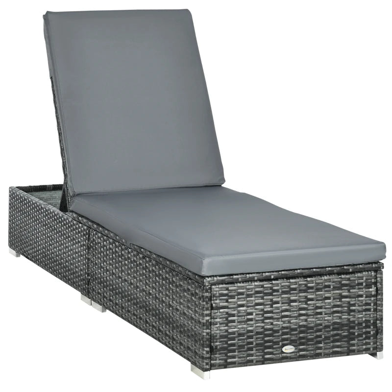 Grey Rattan Sun Lounger with Adjustable Recliner and Cushion