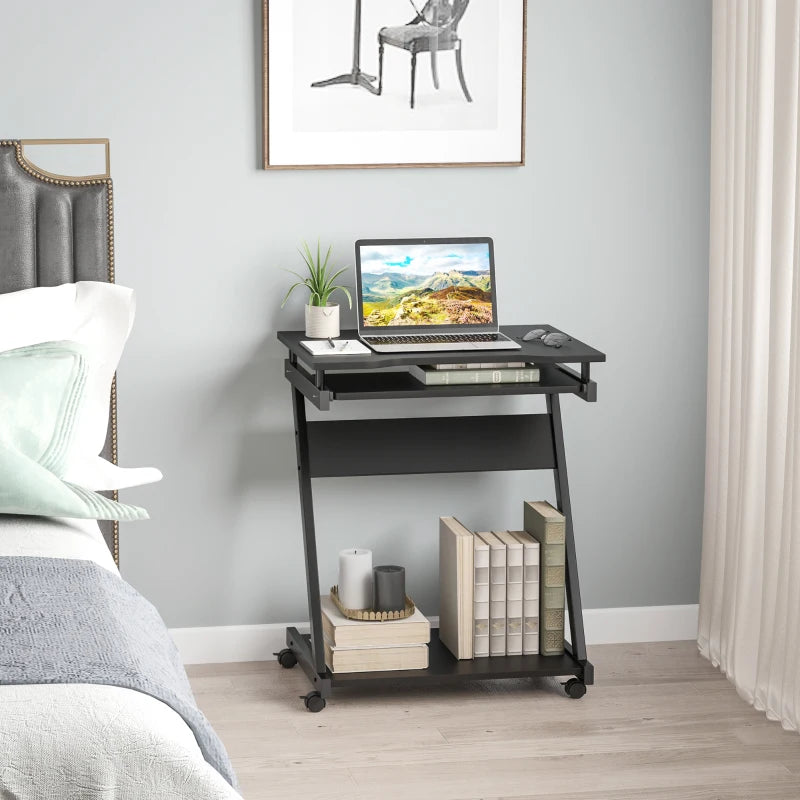Movable Black Computer Desk with 4 Wheels & Sliding Keyboard Tray - Ideal Home Office Workstation