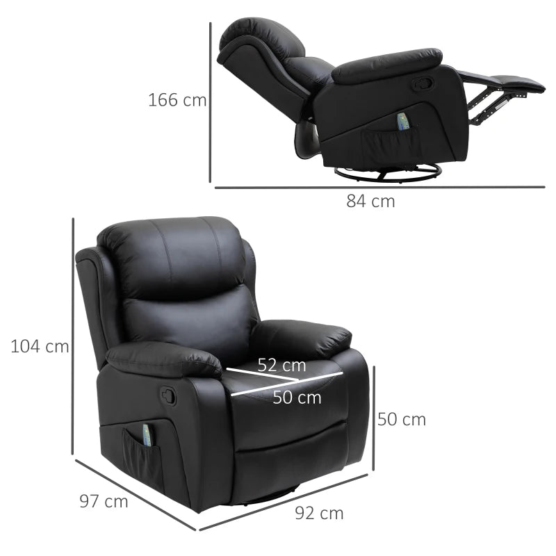 Reclining PU Leather Massage Chair with 8 Points and Heat, Manual Swivel Base, Footrest and Remote Control, Black