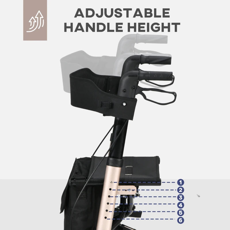 Lightweight Aluminium 4 Wheel Rollator with Seat and Back for Seniors Adjustable Height Folding Mobility Walker with Carry Bag Dual Brakes Cane Holder Gold Tone