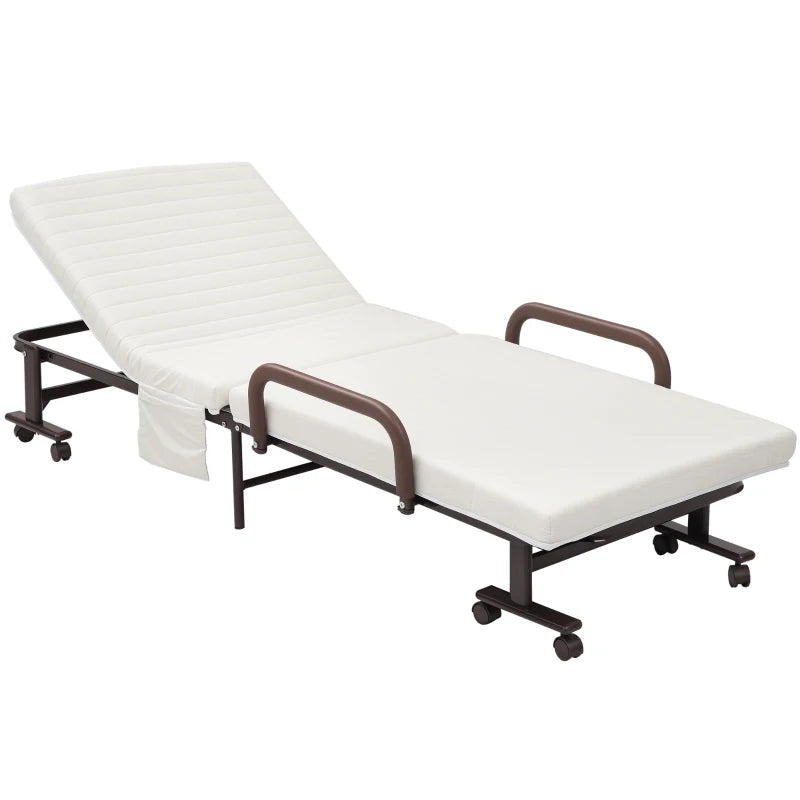 Portable Folding Bed with Mattress - Single Guest Bed, Adjustable Backrest, Metal Frame on Wheels, White, 190 x 76 cm