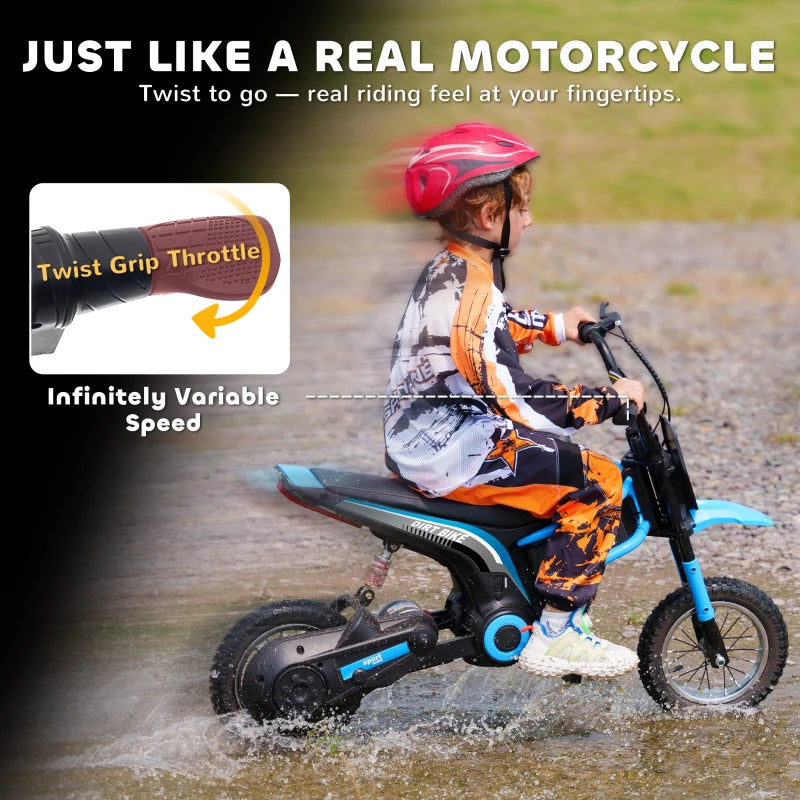 24V Electric Motorbike for Kids with Twist Grip Throttle Music Horn 12 Inch Tyres Blue