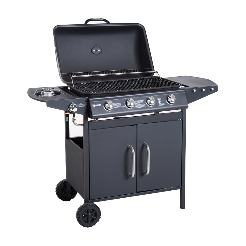 5-Burner 4+1 Black Gas BBQ Grill with Smoker and Side Table - Outdoor Barbecue Trolley with Wheels, Warming Rack, Side Shelves, Cabinet, Thermometer
