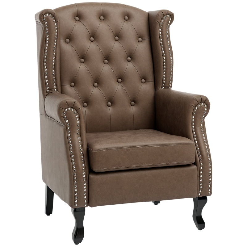 Tufted Chesterfield-Style Wingback Accent Chair with Nail Head Trim for Living Room or Bedroom in Brown