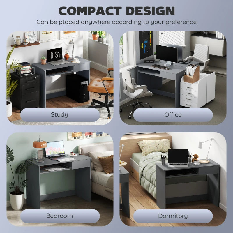 100cm Compact Computer Desk with Keyboard Tray & Drawer - Stylish Grey Home Office Desk for Bedroom Study
