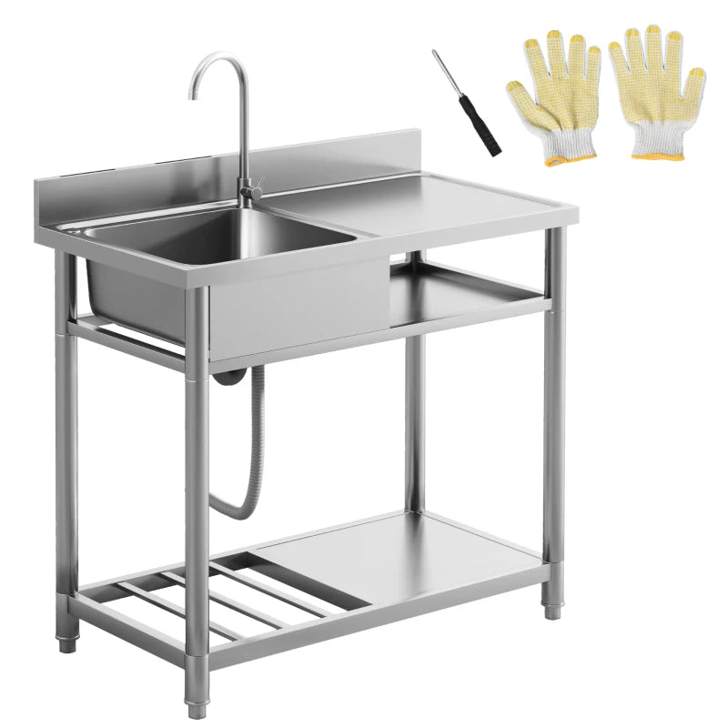 Outdoor Stainless Steel Kitchen Sink - Freestanding Single Bowl with Hot & Cold Water, Storage Shelves for Easy Access