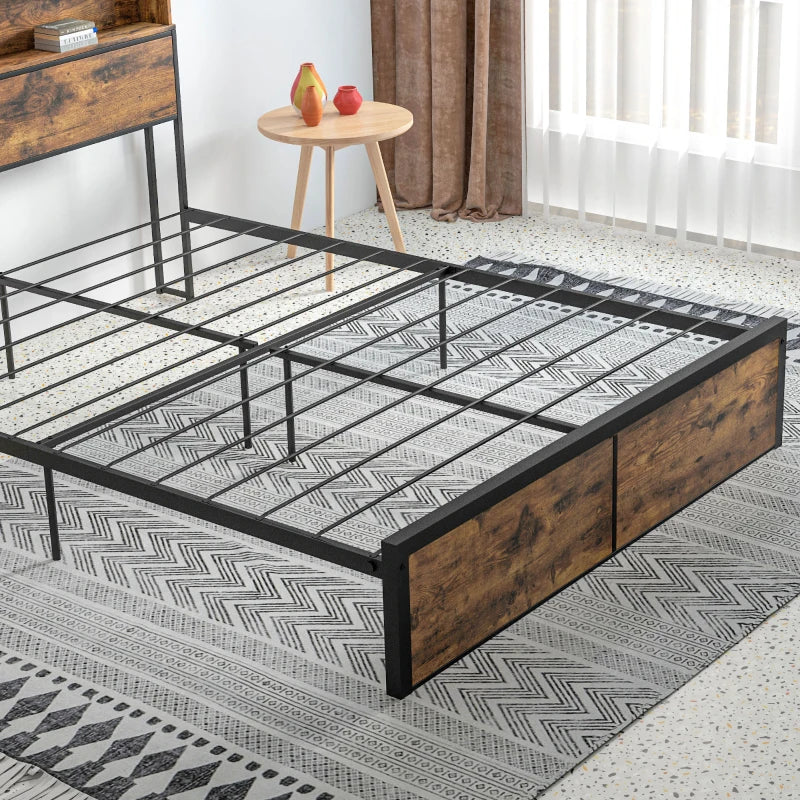 Industrial King Bed Frame with Storage Headboard & Footboard, 5.2FT Steel Base, Slatted Support, Rustic Brown, 158x222cm
