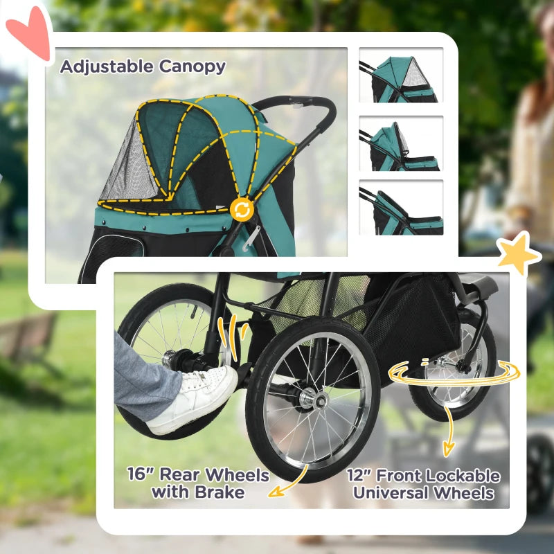 Foldable Pet Stroller Jogger for Medium and Small Dogs with Canopy and Three Wheels Green