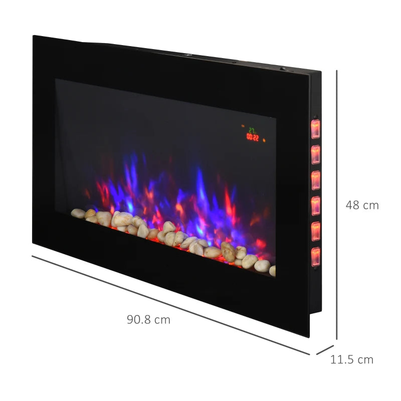 Curved Glass Electric Wall Mounted Fireplace for Living Room 1000W 2000W Black 48H x 90.8W x 11.5Dcm