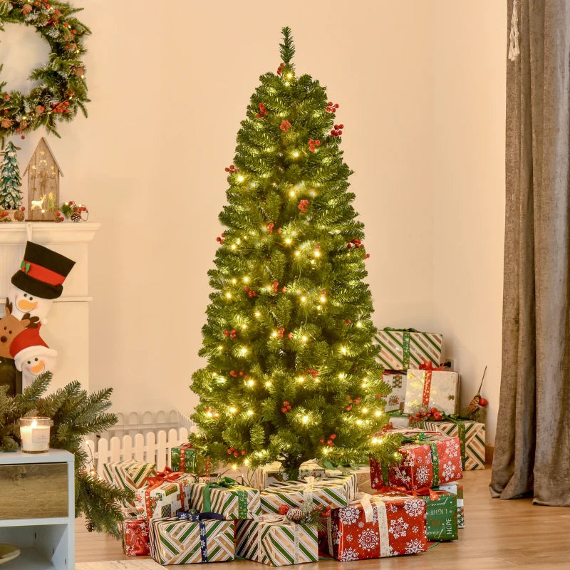 5FT Prelit Artificial Pencil Christmas Tree with Warm White LED Lights & Red Berries - Festive Holiday Home Decoration