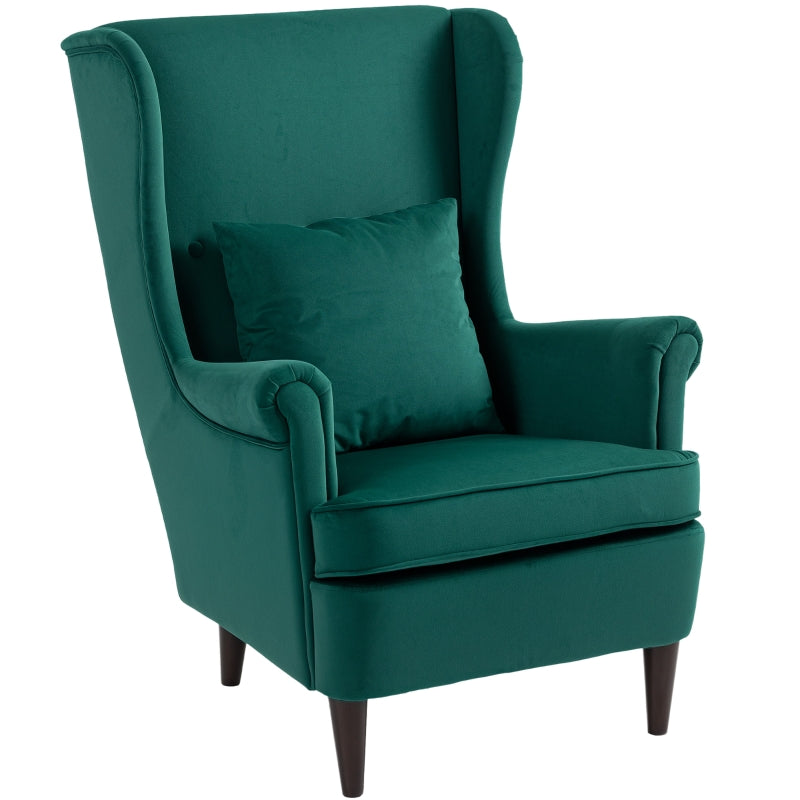 Stylish Upholstered Wingback Armchair with High Backrest and Pillow for Living Room or Bedroom, Dark Green Velvet