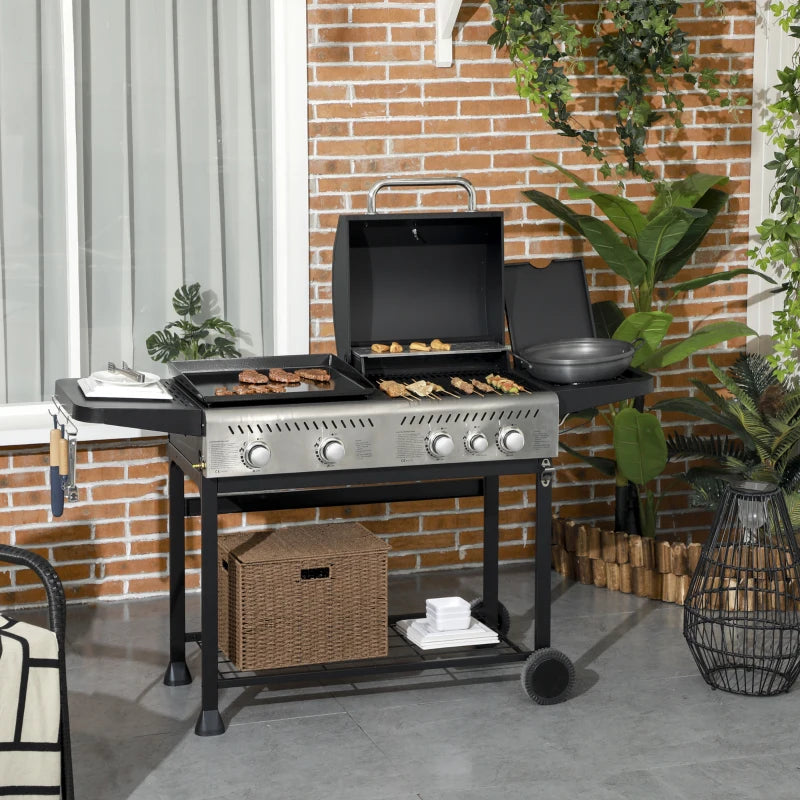 15kW Deluxe Gas BBQ with Grill, Plancha, Side Burner - Black