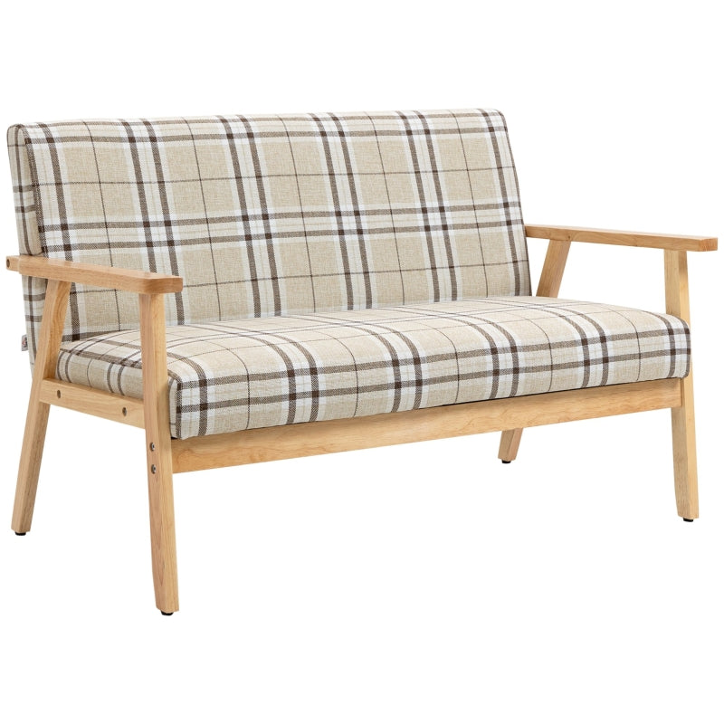 Compact Loveseat Sofa with Lattice Design and Rubber Wood Frame in Beige and Coffee