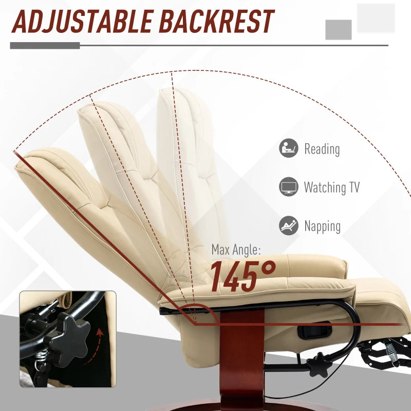 Cream Faux Leather Armchair with 145° Reclining Back and Footrest for Ultimate Comfort