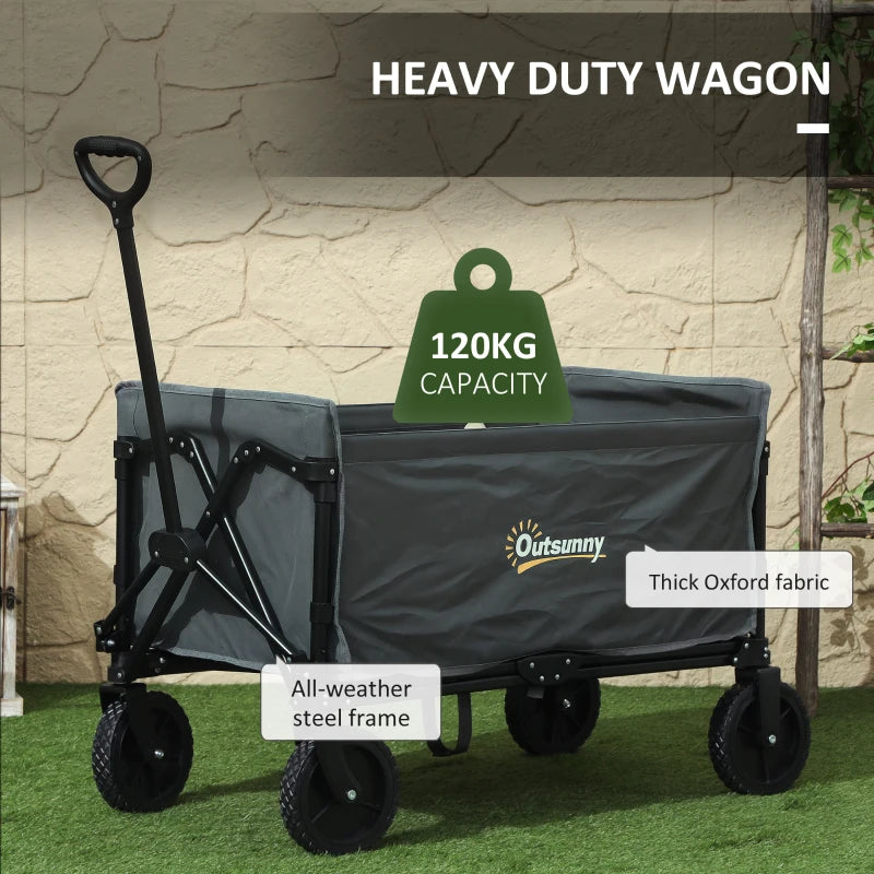 120L Grey Folding Garden Trolley Cart - Outdoor Collapsible Wagon with Wheels & Adjustable Handle for Beach, Camping & Festivals