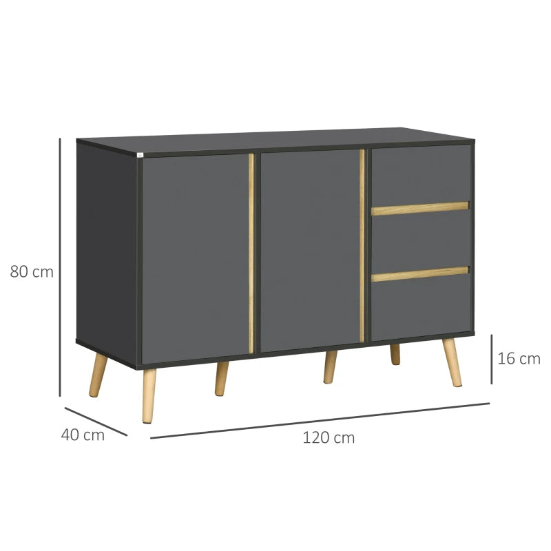 Modern Dark Grey Sideboard - Kitchen Cupboard with Double Doors, 3 Drawers & Adjustable Shelves for Living Dining Room