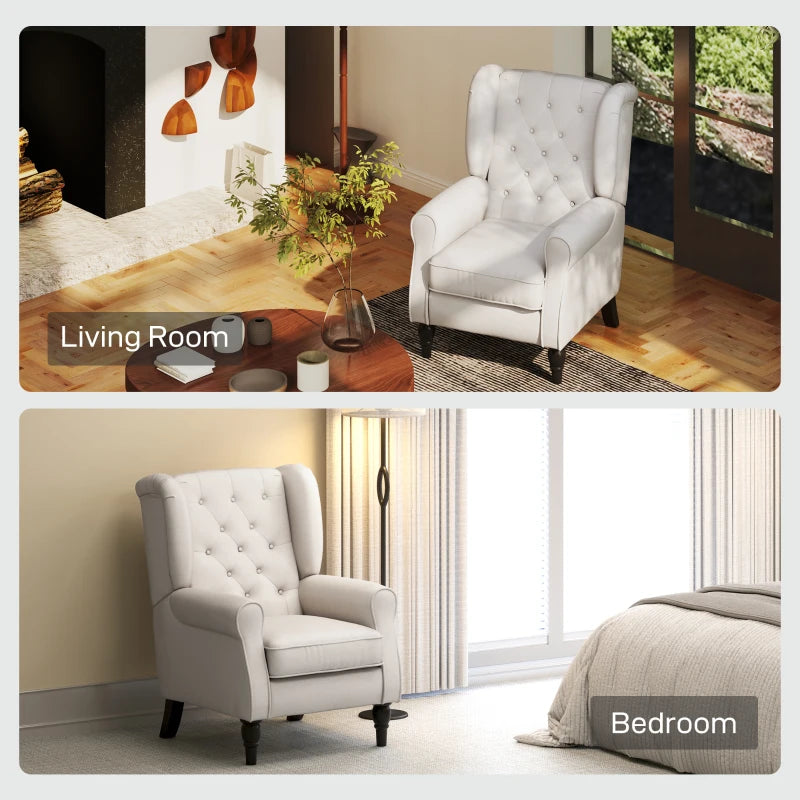 Retro Upholstered Wingback Accent Chair with Button Tufting for Living Room and Bedroom in Cream White