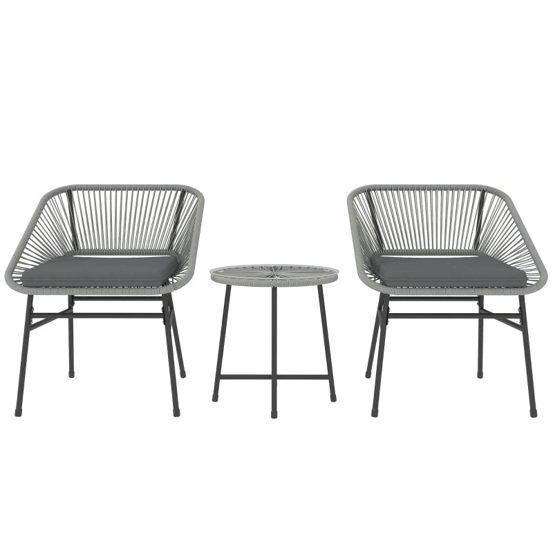 3-Piece Light Grey Rattan Bistro Set - Wicker Garden Table and Chairs with Cushions and Glass Top for Outdoor, Patio, Balcony