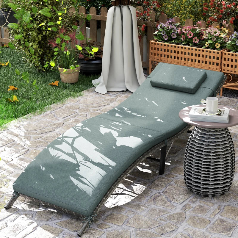 Rattan Folding Sun Lounger Outdoor Chair with Cushion and Pillow in Mixed Grey