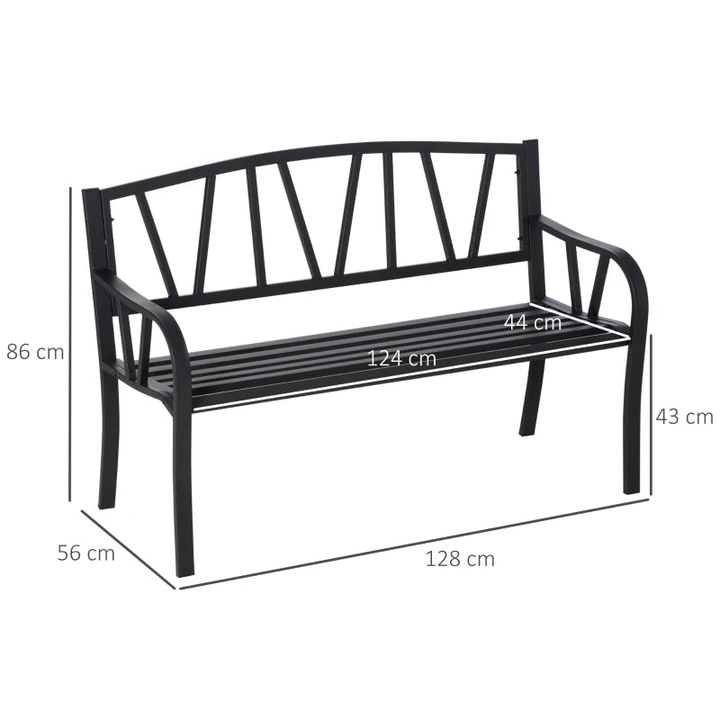 Metal Garden Loveseat Bench - 2-Seater, Decorative Backrest, Ergonomic Armrest - Black