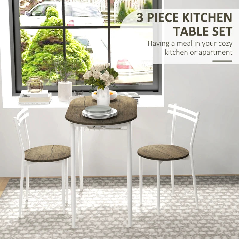 3-Piece Oval Dining Table Set with 2 Chairs & Wire Storage Shelf - Natural Steel Frame Kitchen Furniture