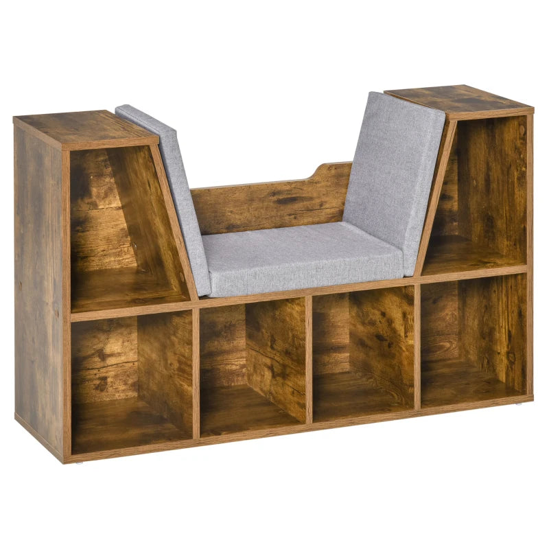 Rustic Brown Bookcase Storage Shelf with Cushioned Reading Seat - Cube Bookshelf Organizer for Bedroom & Living Room