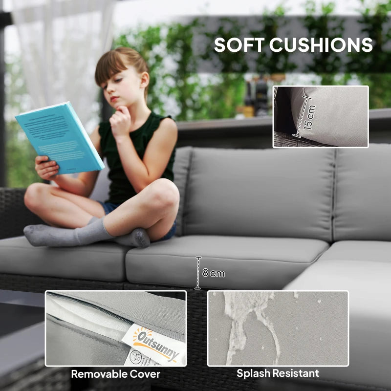 5-Piece Grey Rattan Garden Furniture Set with Gas Fire Pit Table & Footstools