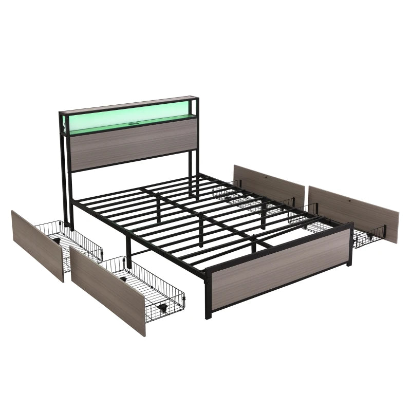 Metal Double Bed with LED Light Strip, 4 Drawers & 3 USB Ports - Stylish Gray Bedroom Furniture, 207x135.5x105 cm