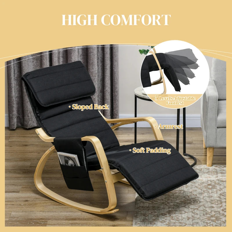 Adjustable Rocking Lounge Chair with Footrest, Side Pocket and Pillow for Ultimate Relaxation in Black
