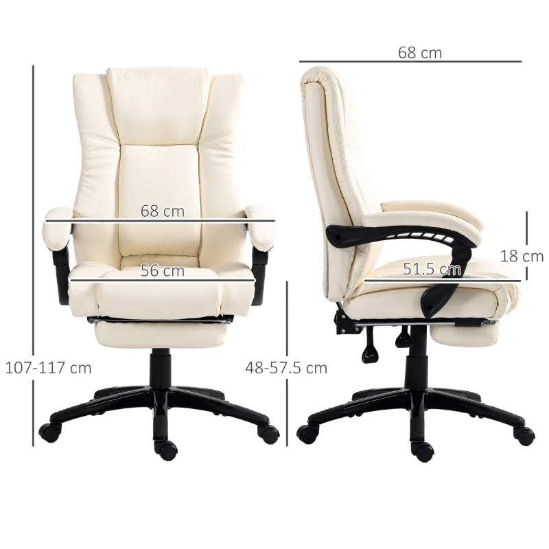 Vinsetto Cream White PU Leather Office Chair - Swivel Computer Chair with Footrest, Adjustable Height & Wheels