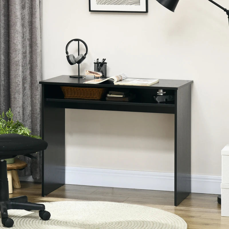 Modern Black Wood Grain Computer Desk - Small Home Office Writing Table with Storage Shelf, 90 x 50cm