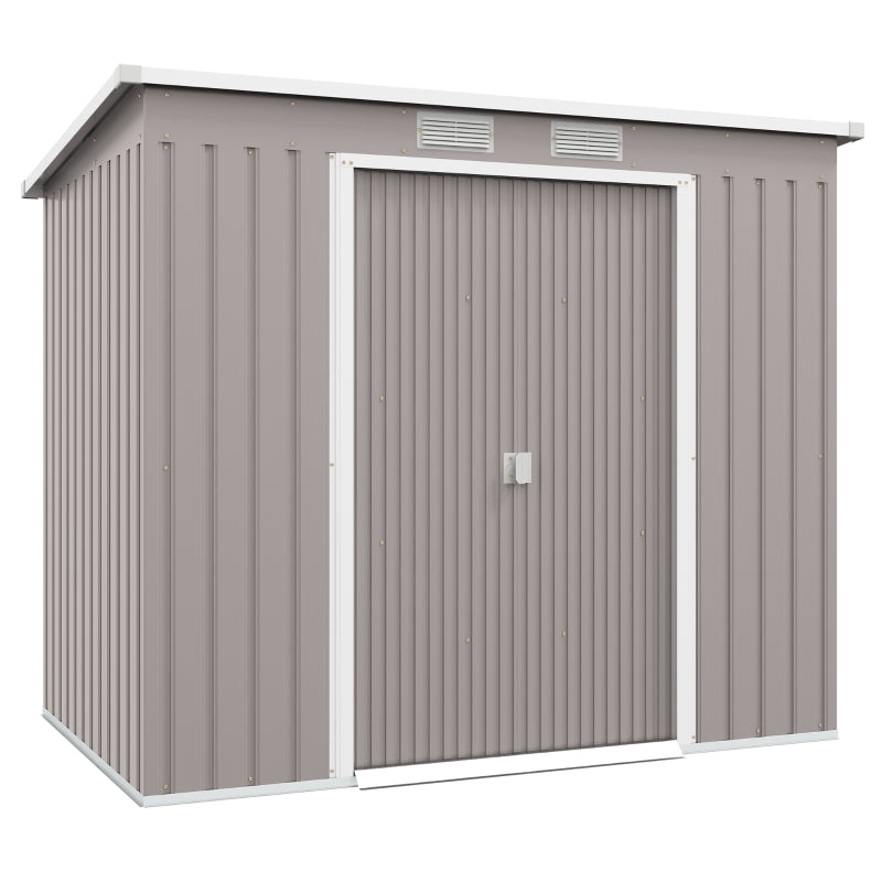 7ft x 4ft Grey Lean to Metal Garden Shed With Foundation Kit, Double Doors & Air Vents