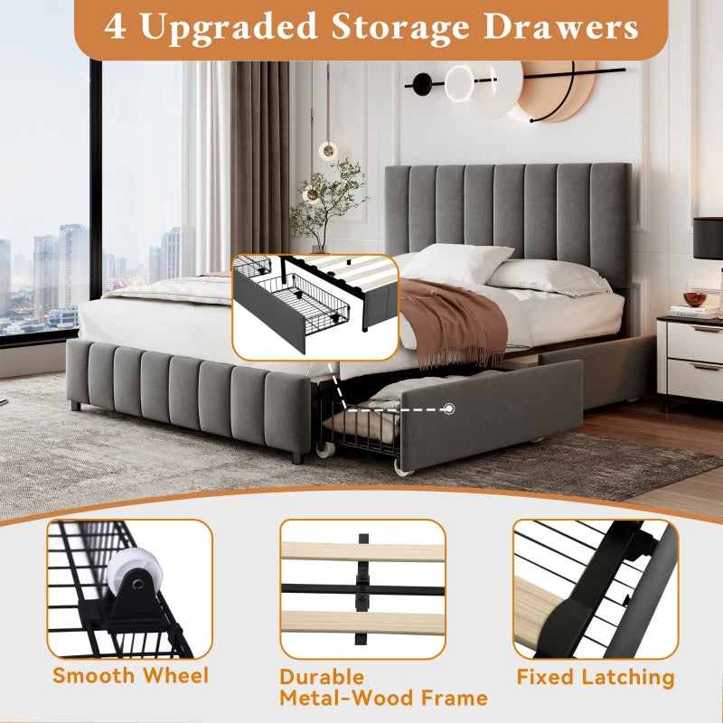 Velvet Double Bed with 4 Storage Drawers & Adjustable Tufted Headboard - Easy Assembly, Grey, 196L x 143W x 108H cm