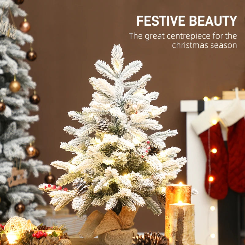 60 cm Prelit Small Christmas Tree - 35 LED Lights, Snow Flocked Mini Xmas Tree with Pine Cones & Berry Clusters